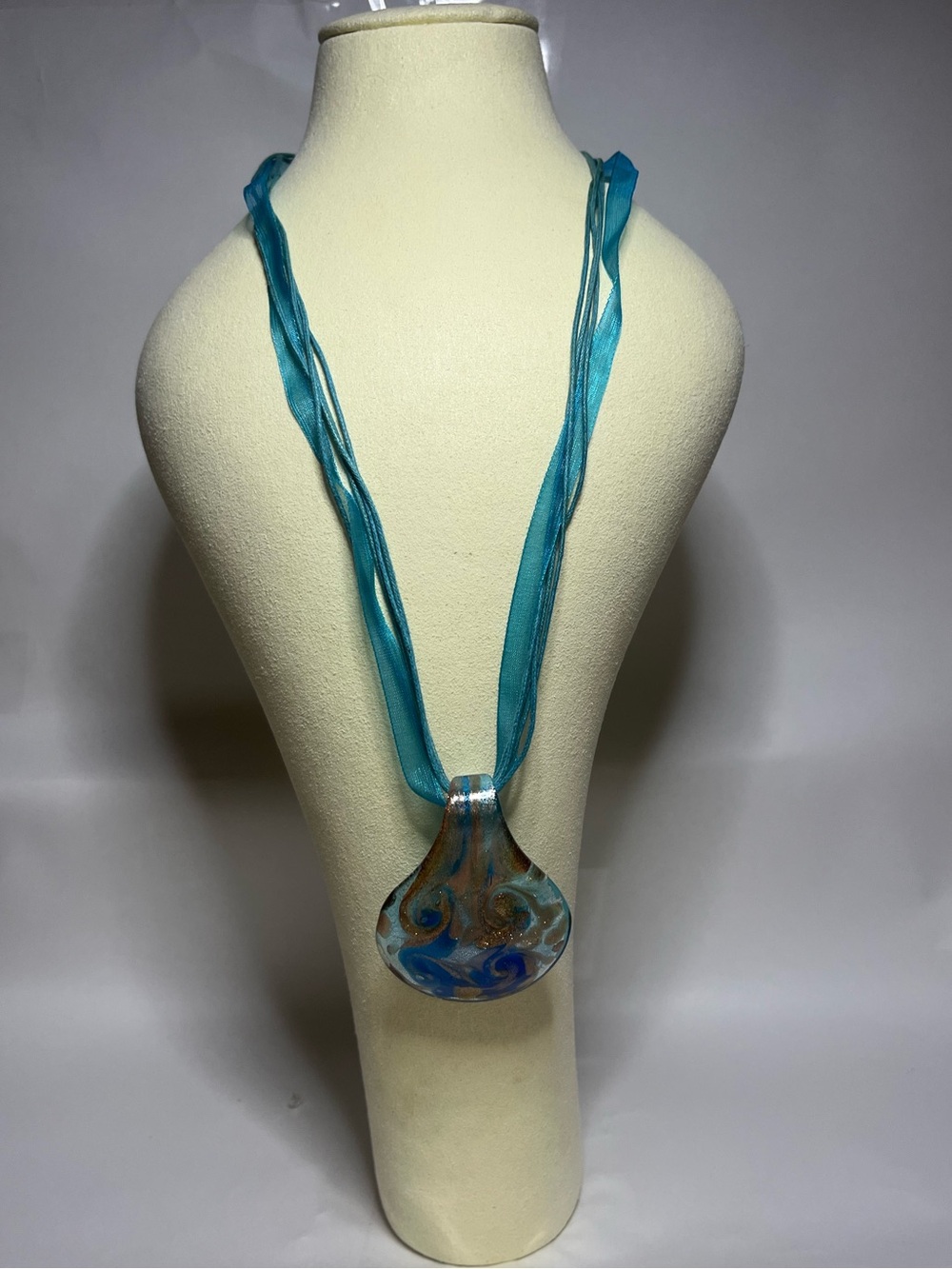 Handmade Teardrop Murano inspired Glass Pendant Necklace - Teal Ribbon